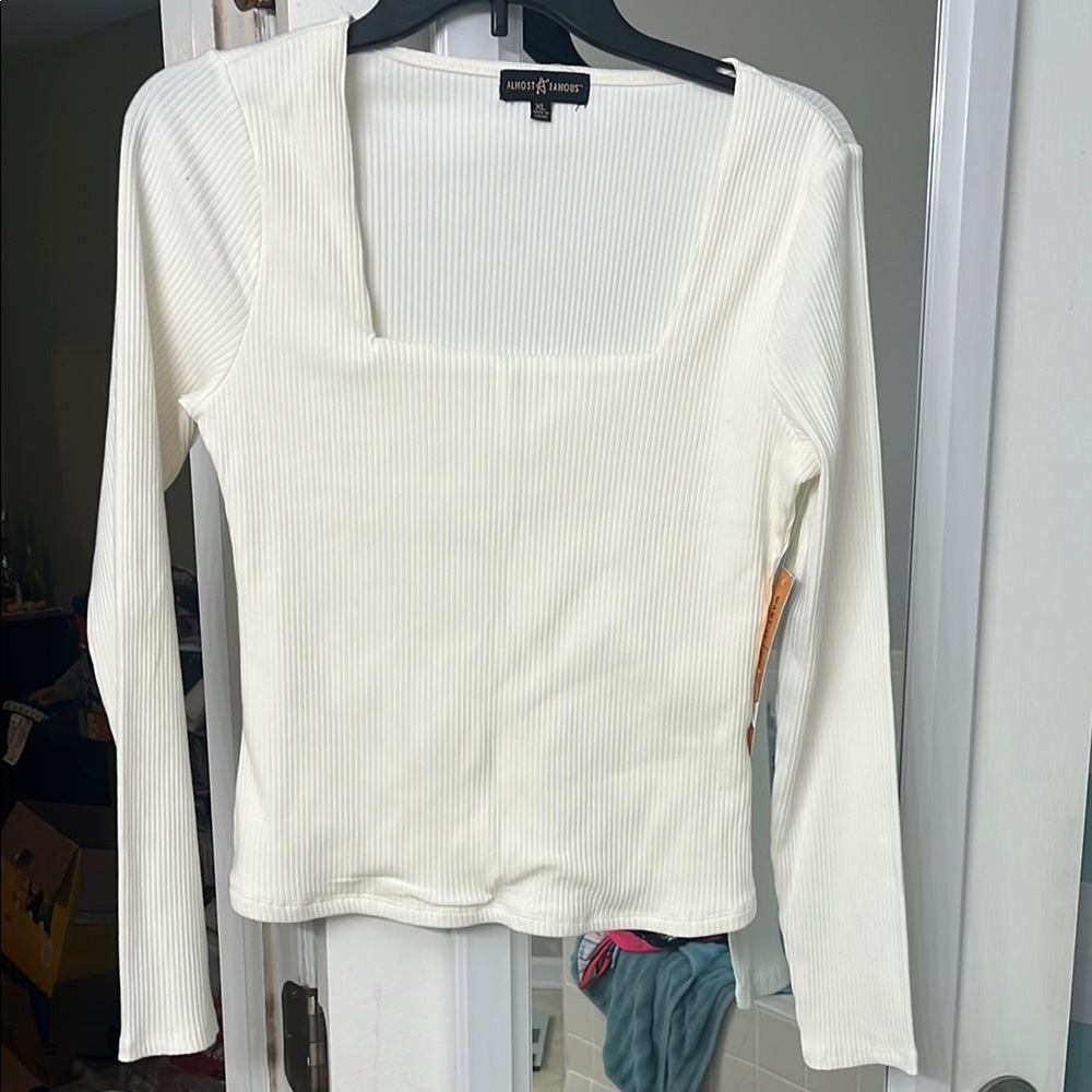 Almost Famous Cream Fitted Long Sleeve Crop Top